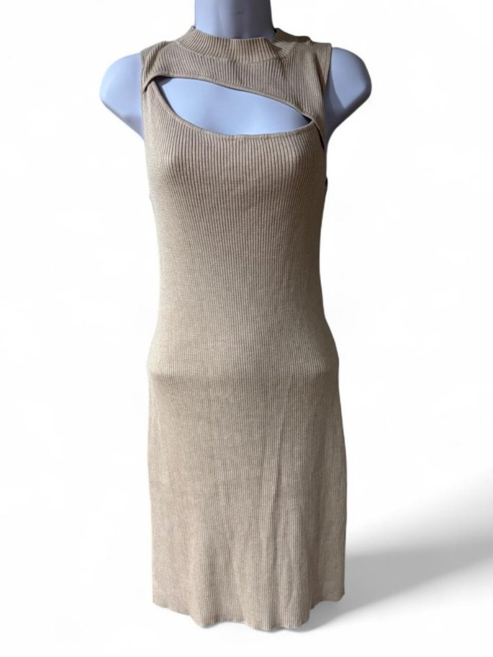 Lulus Beige Cut-Out High Neck Midi Bodycon Dress Size L